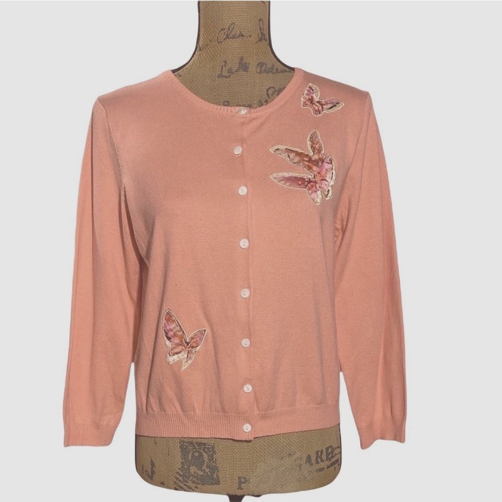La Rue 39 Petite 8P Cardigan‎ Sweater Applique Butterflies Bead 3/4 Sl Button